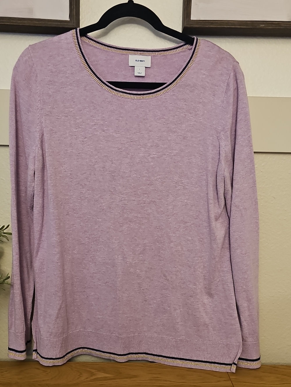 Old Navy Lavender Knit Crewneck Sweater with Striped Trim